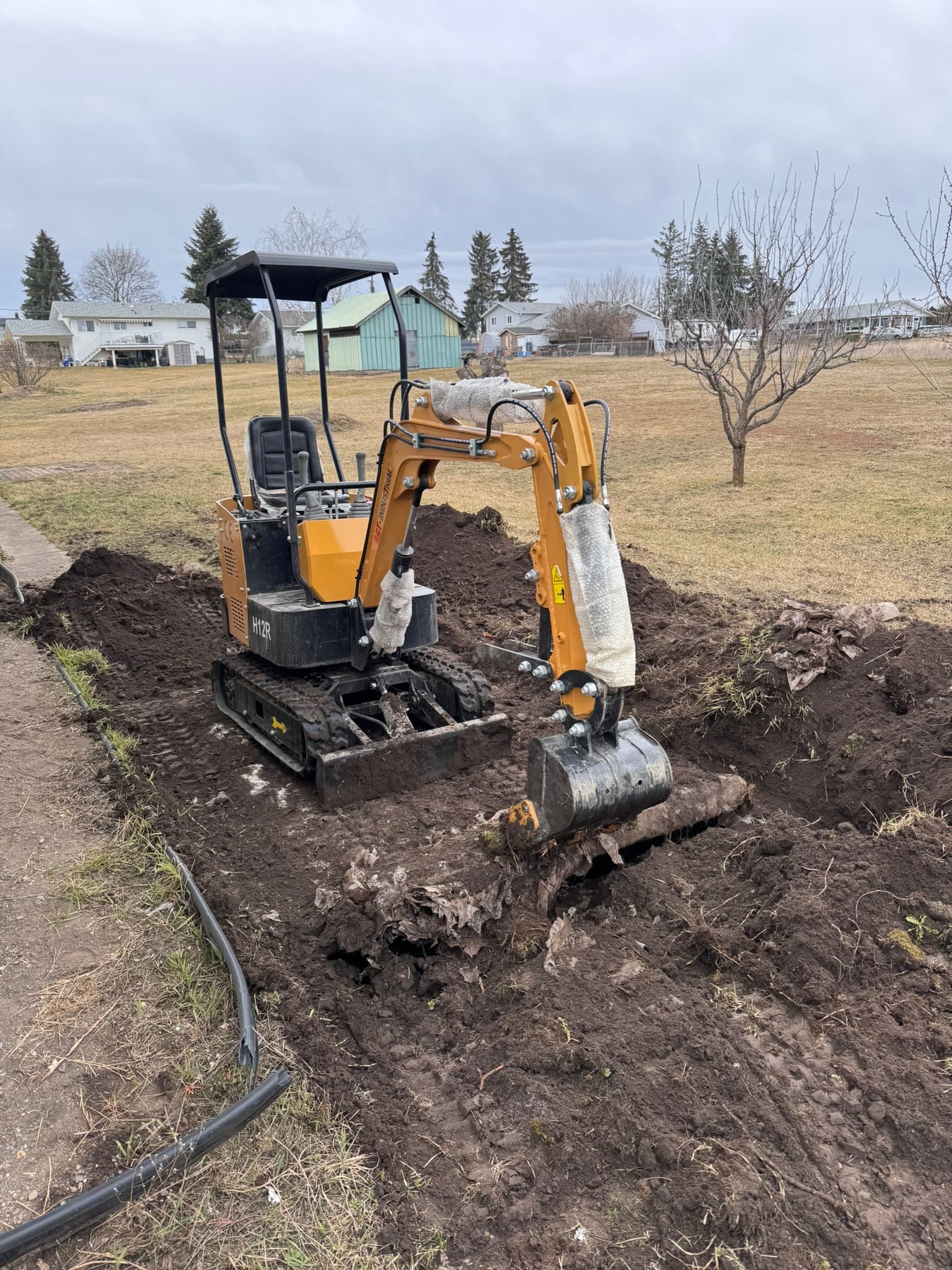 Excavator preparing ground for septic system installation